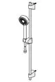 HANSABASICJET Wandstangengarnitur mit Handbrause, Halterungen und Schläuchen in Chrom-Ausführung, an vertikaler Wand montiert.